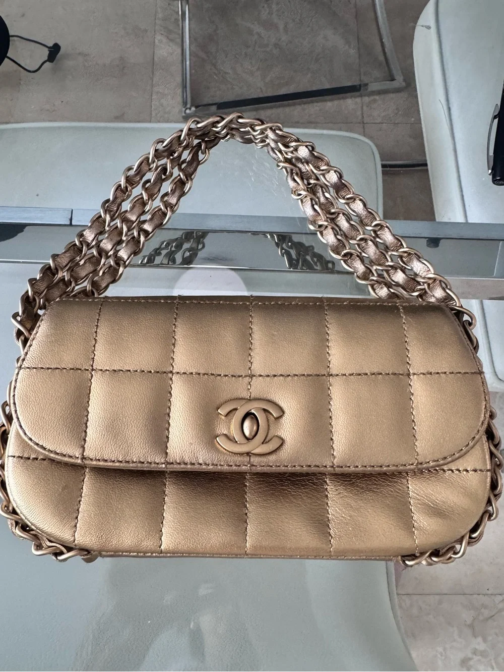 CHANEL Vintage 2003-2004 Quilted Metallic Gold Evening Bag with Chain Strap